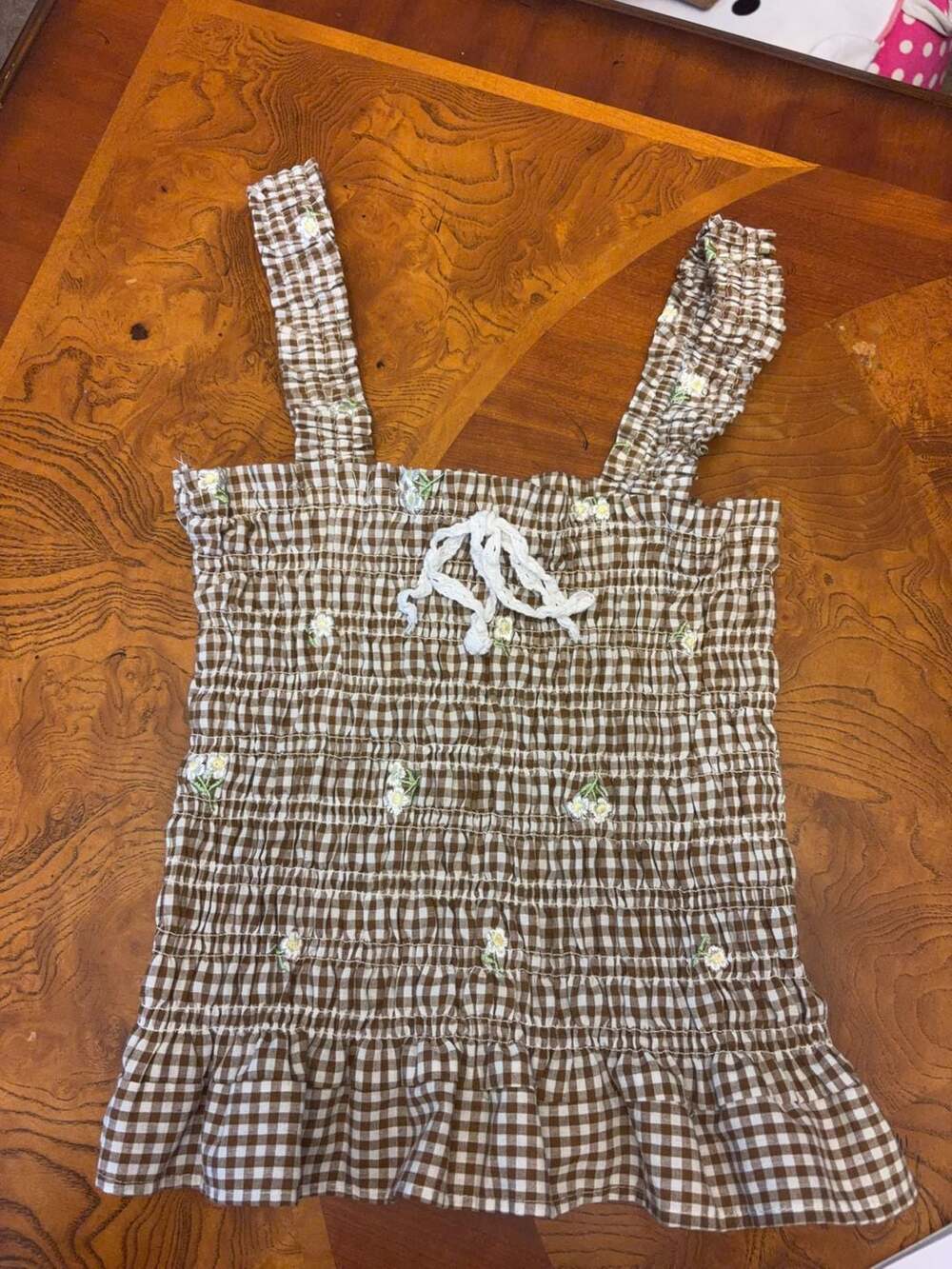 Lotus & Lavender Brown Gingham Floral Embroidered Smocked Tank Top XL
